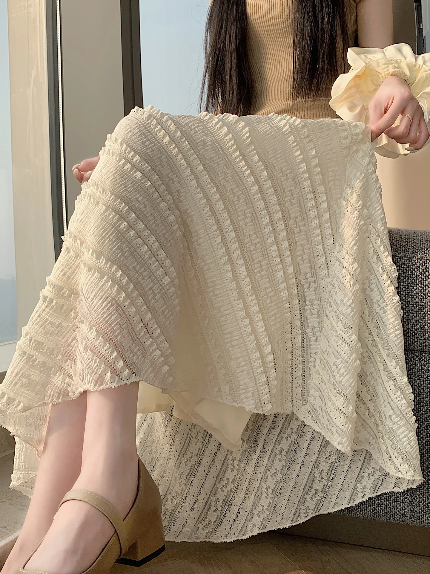 

Ele High Waist Lace Embroidery f Skirt Women's Spring Summer Slim A-Line Fi Tail Skirt Commute Korean Sle