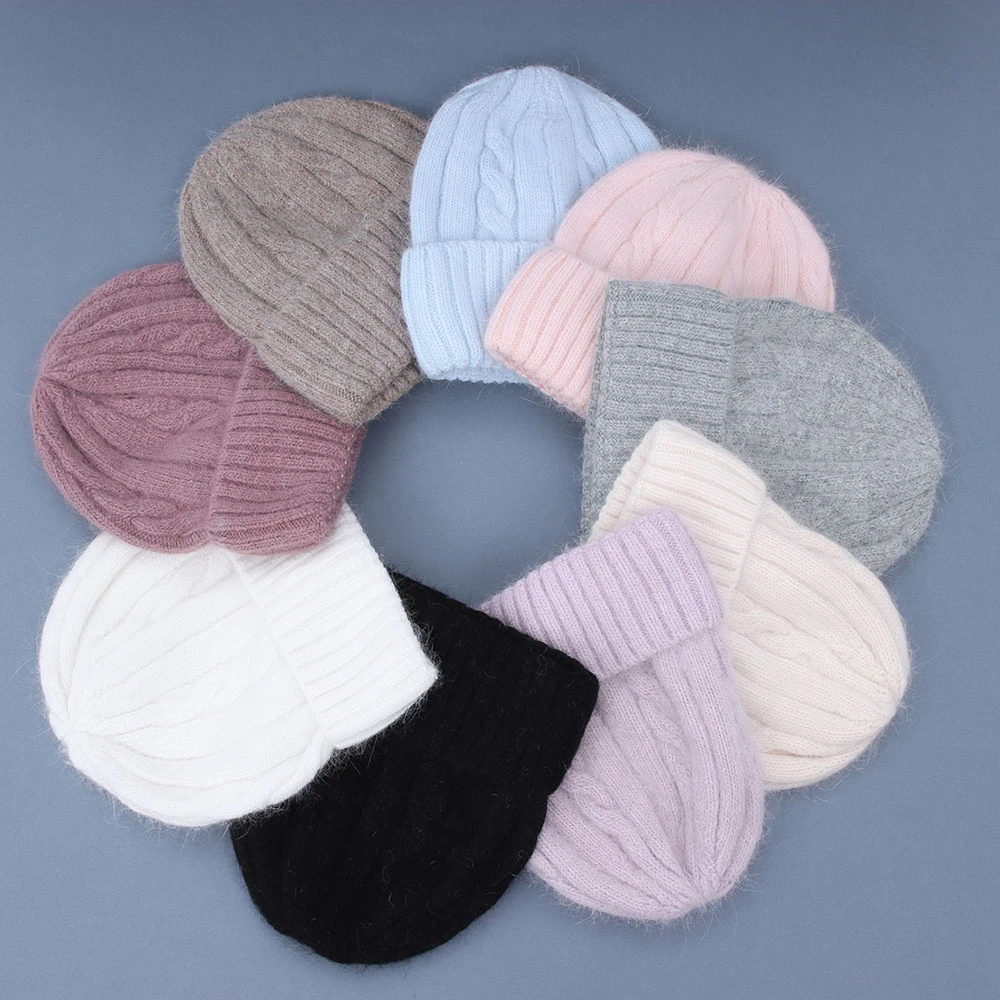 Youpin Female Cashmere Blend Winter Hat Long Rabbit Fur Warm Soft Wool Knitted Hats Women Skullies Beanies Bonnet Female Ski Cap