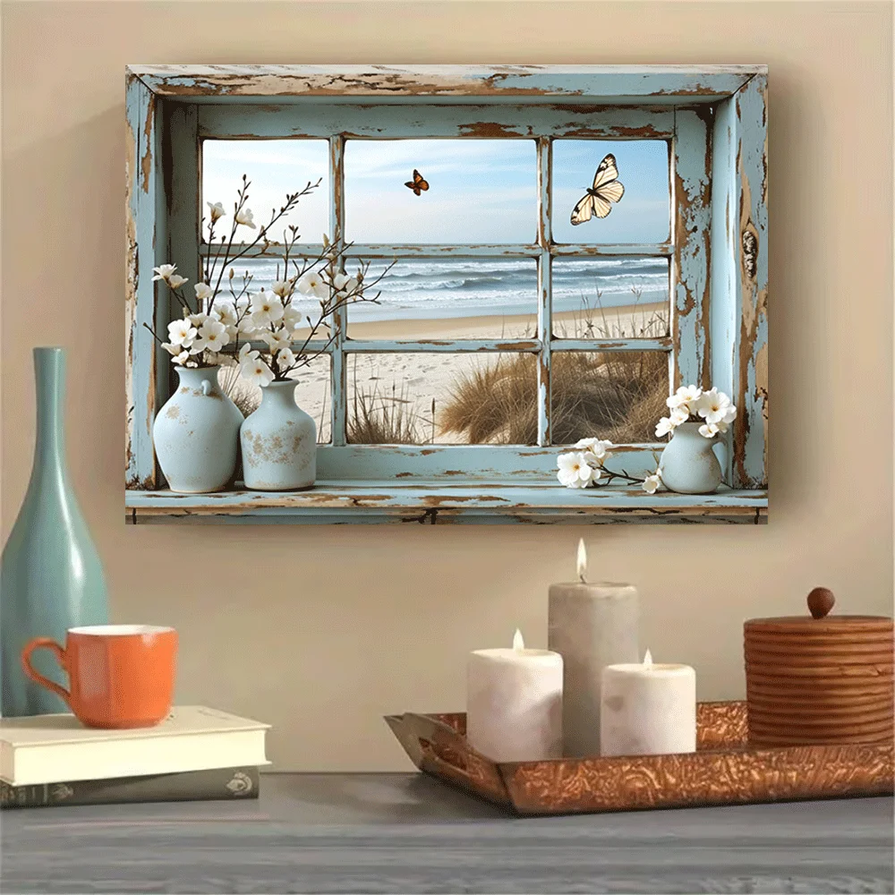 1 Stück - Leinwandposter, ungerahmt, Küstenfensteransicht, Strandszene, Schmetterlinge, Blumen, Vasen, Kerzenlicht, Dekor, Sommer