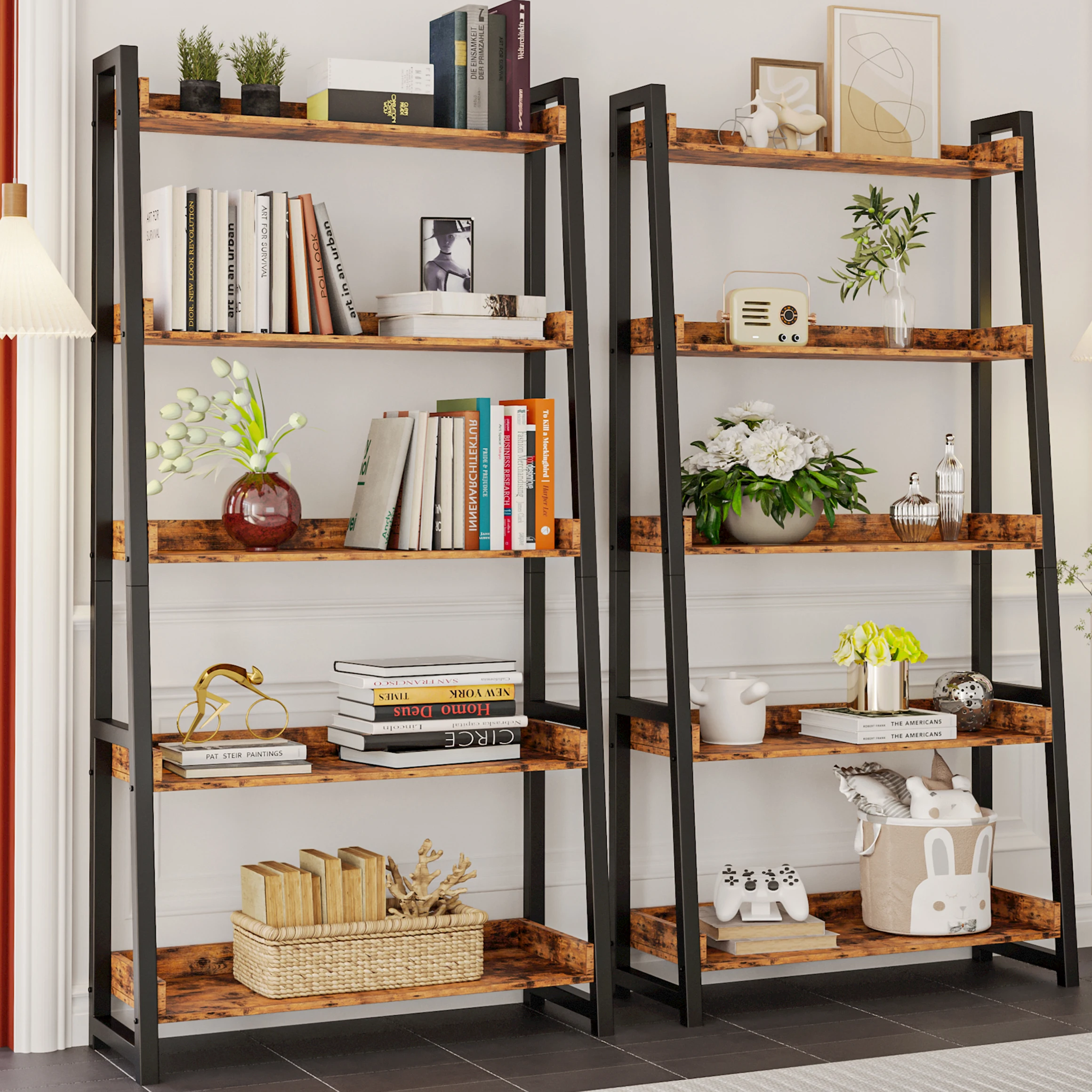 IRONCK Industrial Bookshelf 5-Tier 31.5in Wide, Bookcase Ladder Shelf, Storage Shelves Rack Shelf Unit, Accent Furniture Metal F