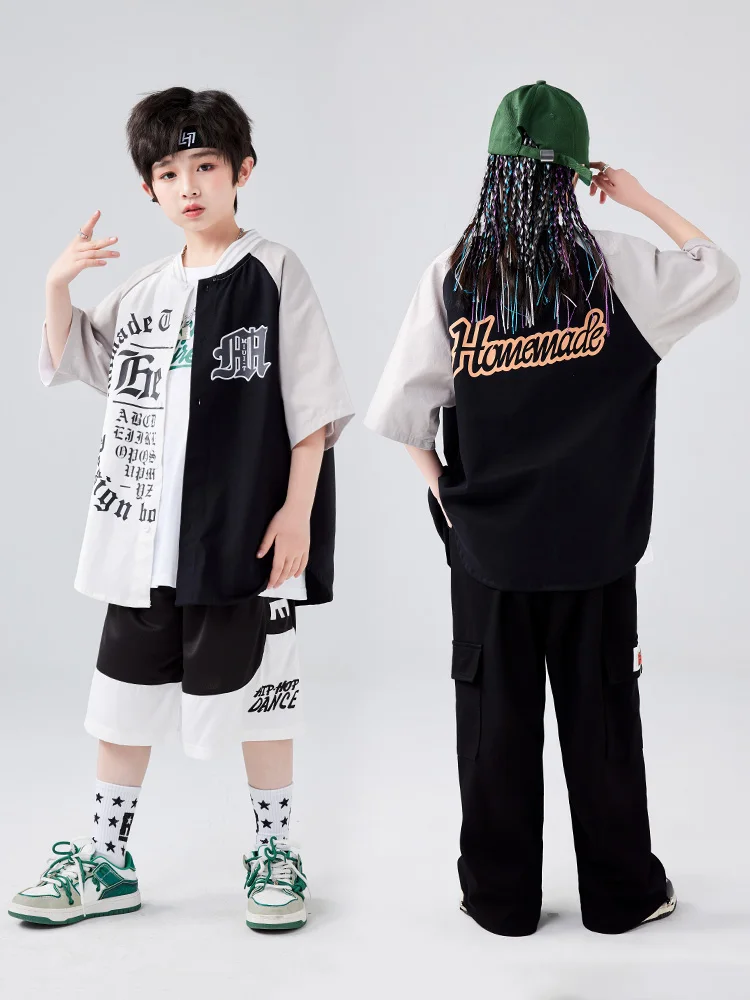 Sommer Mode Kinder Hip Hop Dance Kostüm Kurzarm Baseball Jacke Schwarze Hosen Street Dance Outfit Mädchen Jazz Tragen BL10718