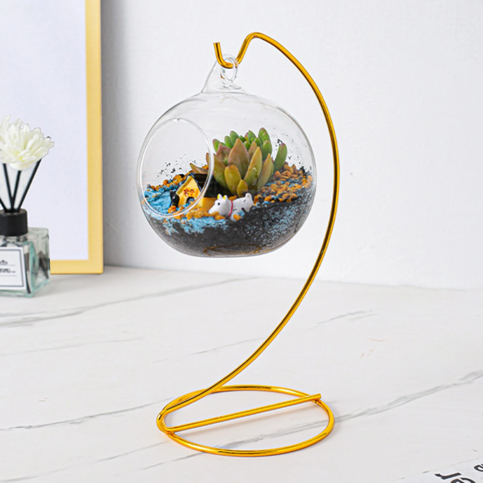 1pc Glass Terrarium Stand Rustic Iron Pipe Frame for Home Decor Modern Geometric Plant Holder Gold Antique Vase Support