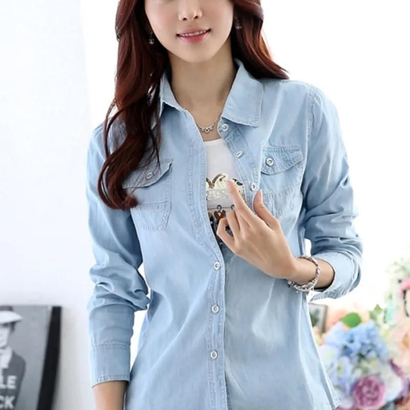 Women\'s Spring Autumn New Fashion Solid Color POLO Collar Button Pocket Casual Versatile Long Sleeved Slim Fit Denim Shirt Tops