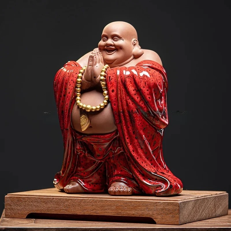 Chinese-style big-bellied Maitreya Buddha ceramic lucky Buddha statue ornament, living room entrance office decoration