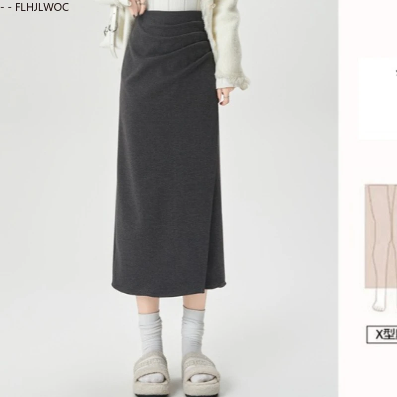 Woolen Skirts New Year Cute Girls 2026 Spring Woman Preppy Style Draped Solid Black High Waist A Line Split Pencil Skirt Long