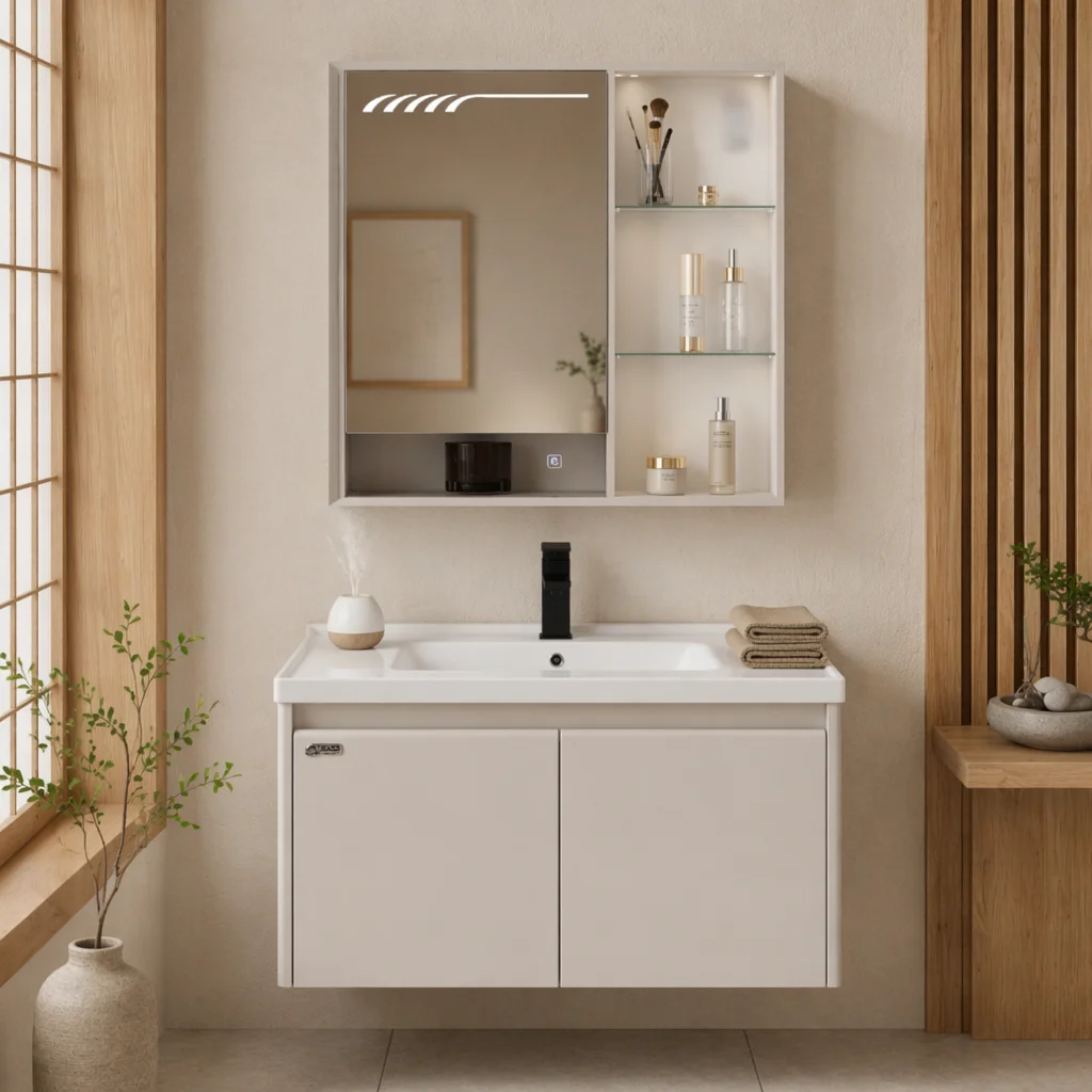 Modern Hote Moisture-Proof Design Bath Ceramic Wall Mounted Washbasin 80cm Vanity Cabinet Set With Light Bathroom Vanities