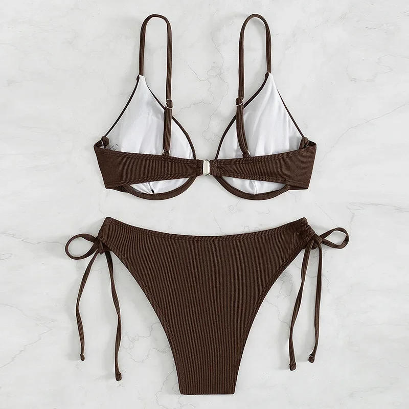 Fotografia 3: Biquíni triangular de cor sólida feminino sexy estilo dividido maiô gravata borboleta conjunto de 2 peças roupa de banho macia e confortável