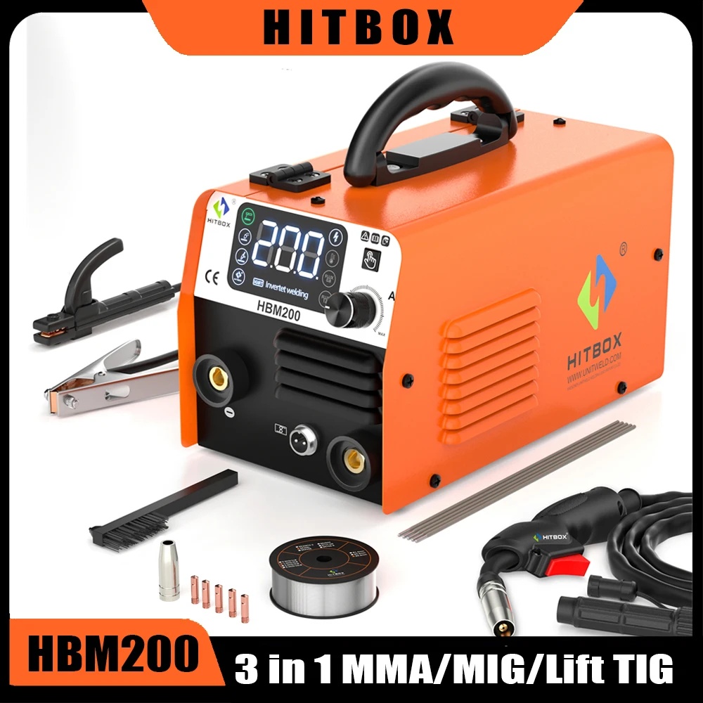 

HITBOX HBM200 3 in 1 Semi-automatic Welding Machine MMA/Gasless MIG/Lift TIG Inverter Welder Synergy Tool Non Gas 110V/220V