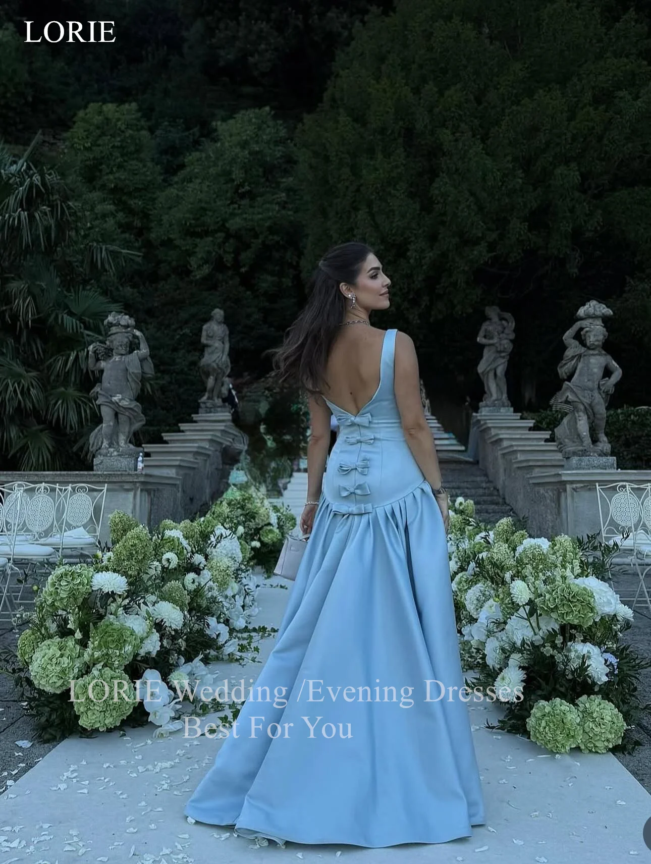 LORIE Elegantes blaues Satin-Partykleid, Spaghettiträger, Schleife, rückenfrei, Abendkleid, drapiert, A-Linie, Abendkleid, individuell gestaltet