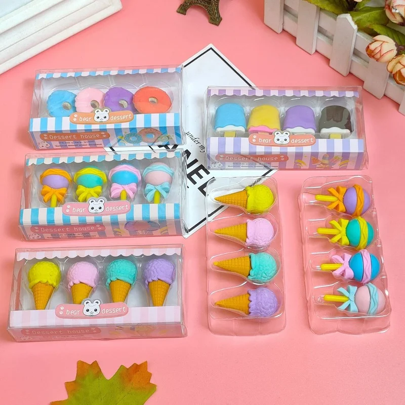 4 Pcs/set Kawaii Simulation Donut Candy Ice Cream Rubber Pencil Eraser Cute School Kids Supplies Stationery Erasers Gift Prizes