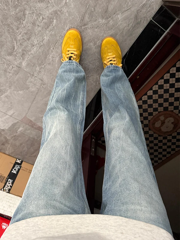 

American Sle Lightning Cra Waed Blue Jeans High Street Spring Slimming Vibe Flared Straight Leg Long Pants for Teens