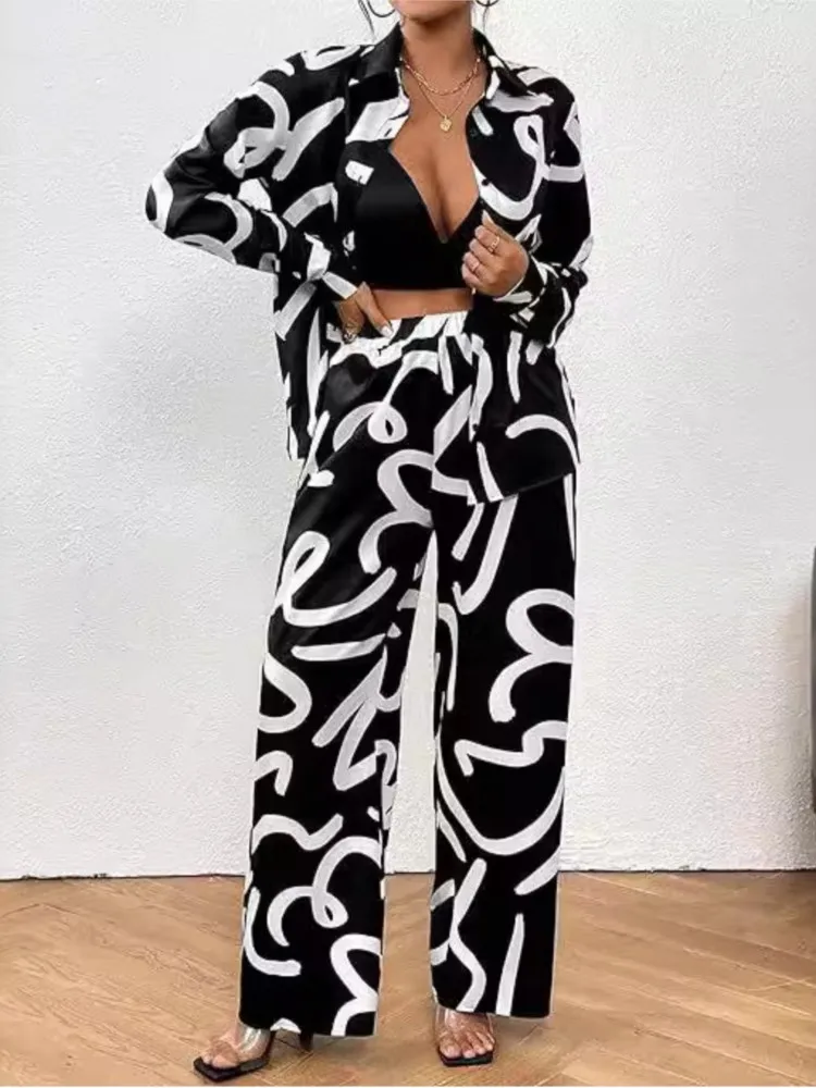 Women Clothing 2024 Autumn New Fashion Print Set Casual Button Collar Shirt Long Sleeved Wide Leg Pants Long Pants Two-piece Set