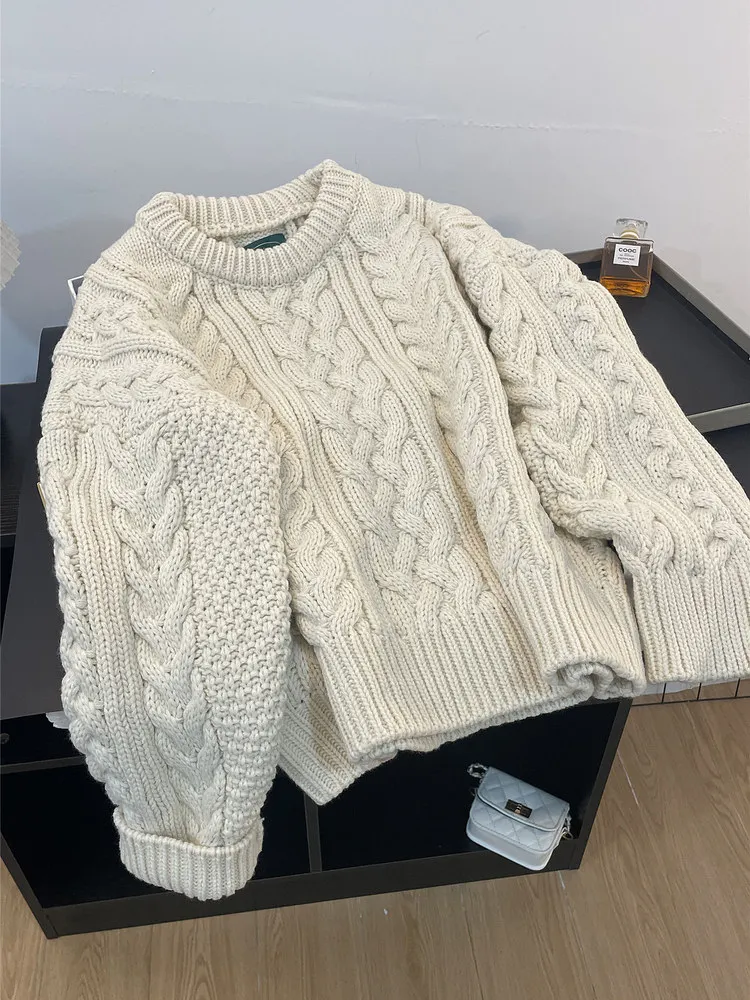 

Fried Dough Twists Coarse Pullover Needle White Knitted Sweater Women Thickened Loose Slouchy Knit Coat Autumn Winter Jacket
