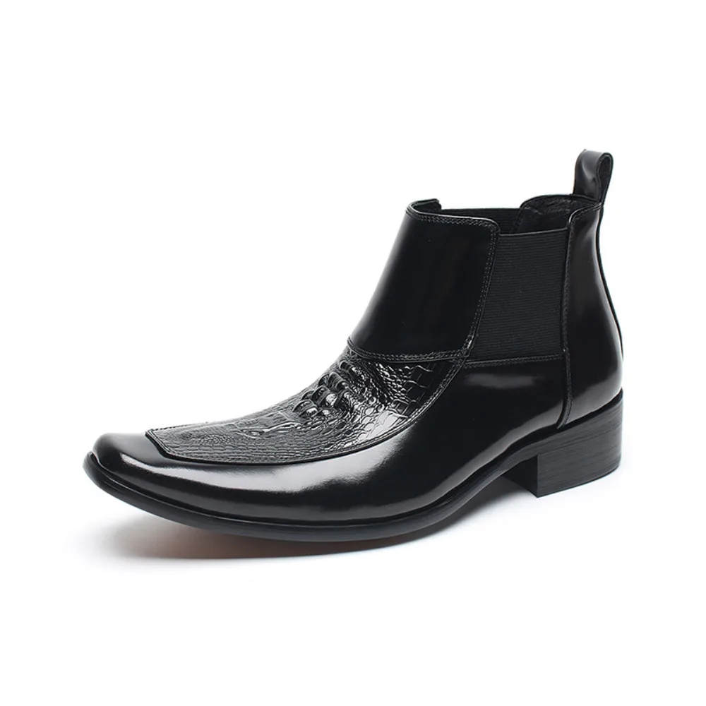 New Genuine Leather Crocodile Embossed Men High Top Boots Mid Calf Fashion Daily Casual Business Boots for Men