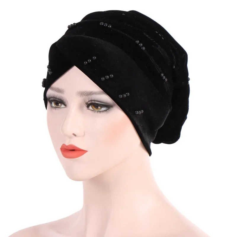 Inverno plissado gorro muçulmano veludo interior hijabs caps beading headwrap capa de cabeça islâmica cachecol chapéu esfrega turbantes para mulher