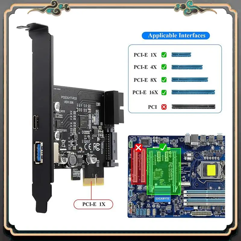 Reliable-PCI-E 1X To USB 3.2 Gen1 USB3.2 Type-C Front Adapter Card 2 Ports (Type C+ Type A) Expansion Card Expansion Card