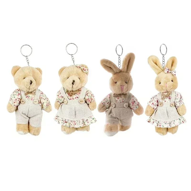 Cute Fur Teddy Rabbit Plush Doll Pompom Linen Keychain Women Bear Toy Keyring Women Bag Car Holder Wedding Party Couple Gift