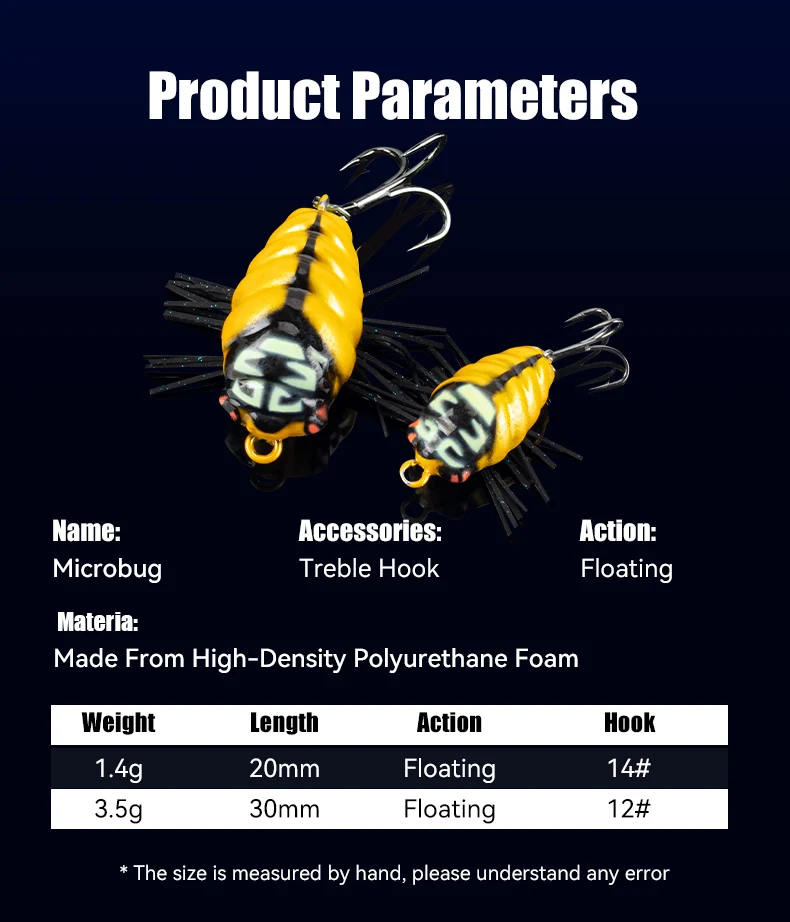 LEYDUN MicroBug Insekten-Angelköder, 20 mm, 1,4 g, 30 mm, 3,5 g, hochdichter Polyurethanschaum, schwimmende Topwater-Insektenköder-Wobbler – Detail 3