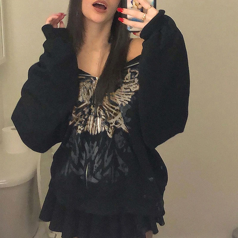 

Women Fashion Butterfly Bone Printed Zipper Hooded Coat Long Sleeve Loose Casual Streetwear Halloween Gothic Style Sweatshirts