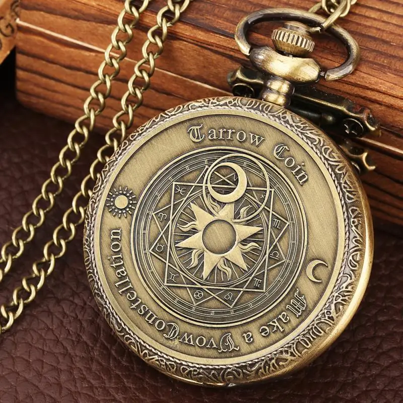 

Retro Sun Moon Divination Tarot Challenge Coin Lucky Constellation Quartz Pocket Watch Western Astrology Embossed Necklace Clock