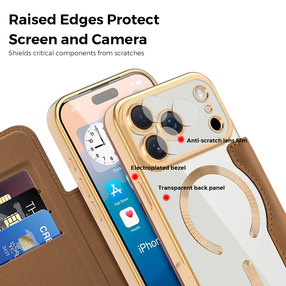Flip-Lederhülle für iPhone 18 17 Air 16 Promax 15 Pro Max 14 Plus 13 PM 12 mit Kartenhalter, magnetischer Halterung und kabelloser Ladefunktion – Detail 8