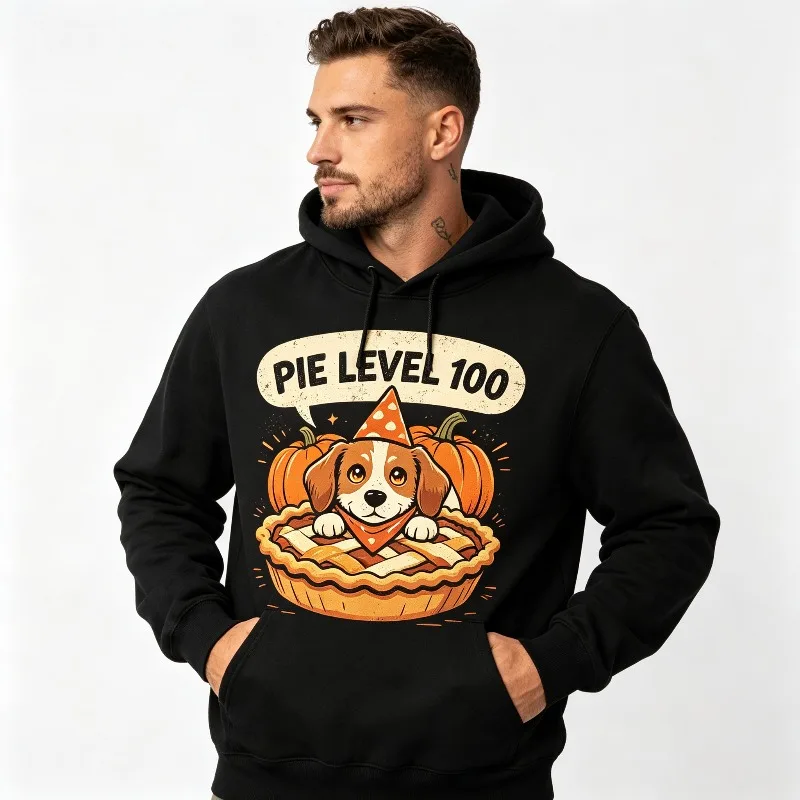 Men Black Hoodie Level 100 Funny Dog Pumpkin Pie Print Graphic Hooded Sweatshirt Cotton Casual Clothes Streetwear Pullover Top