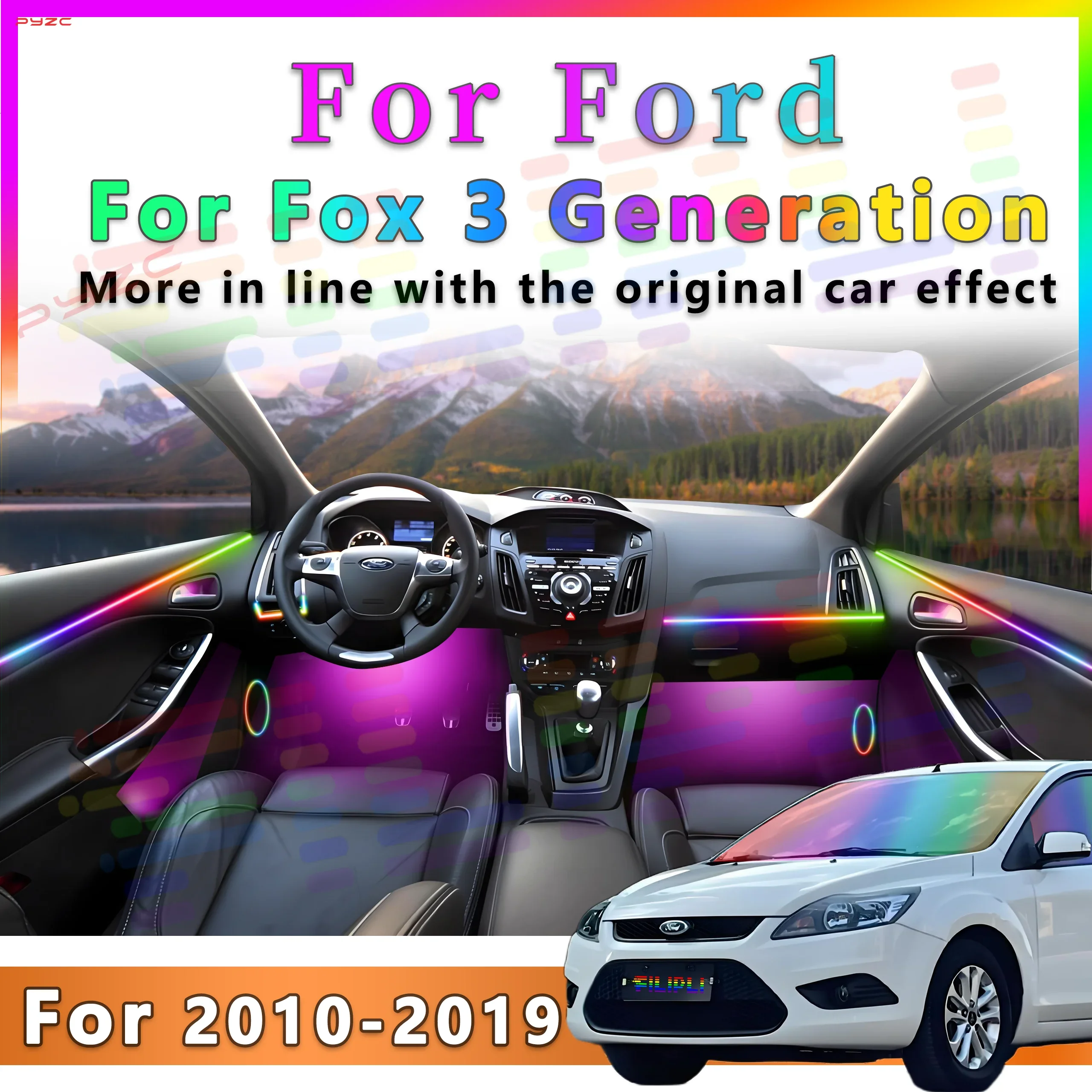 

Для Ford Fox 3 2010-2019, декоративная атмосферная лампа, 64 цвета, RGB симфонический автомобильный окружающий свет, внутренняя акриловая направляющая, светодиодная лента с приложением