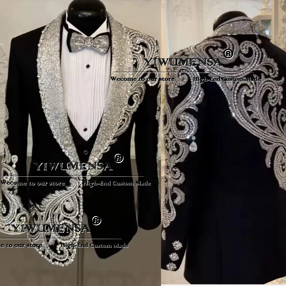 

Мужской костюм с блестящими камнями и блестками, пиджак для выпускного вечера с лацканами, индивидуальный смокинг из трех предметов для торжественных случаев, жениха, мужская модная одежда