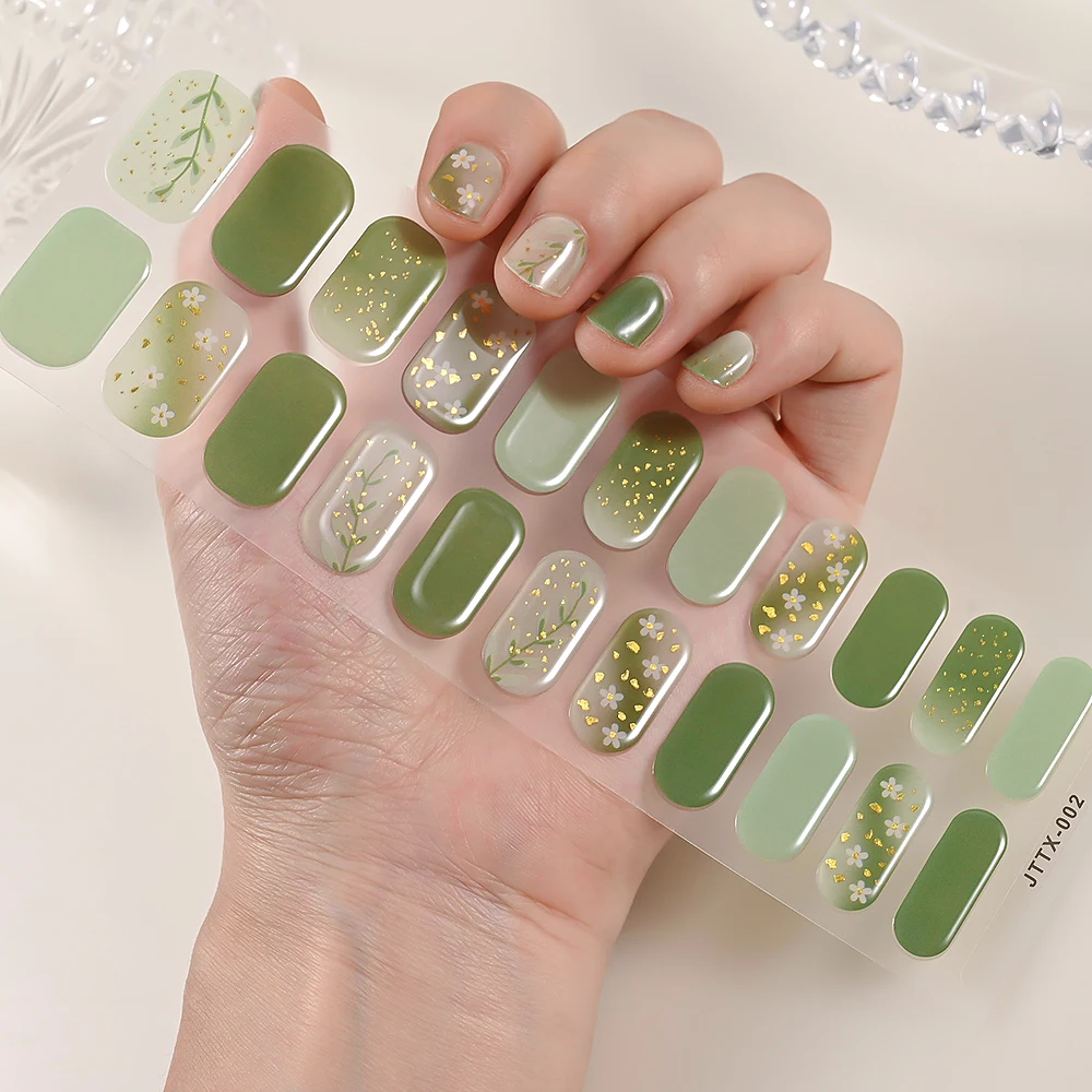 22 dicas semi curadas gel adesivos de unhas de longa duração tiras de unhas remendo flores folha slider cobertura completa lâmpada uv cura decalque unhas envoltórios