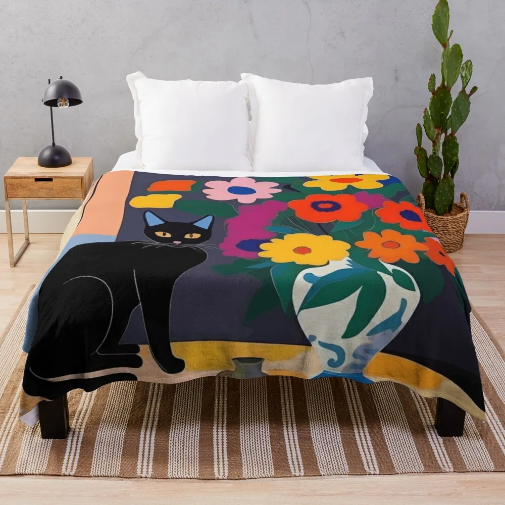 

Black Cat with Flowers in a Decorative Vase Still Life Painting Throw Blanket Plaid on the sofa Thermals For Travel Blankets