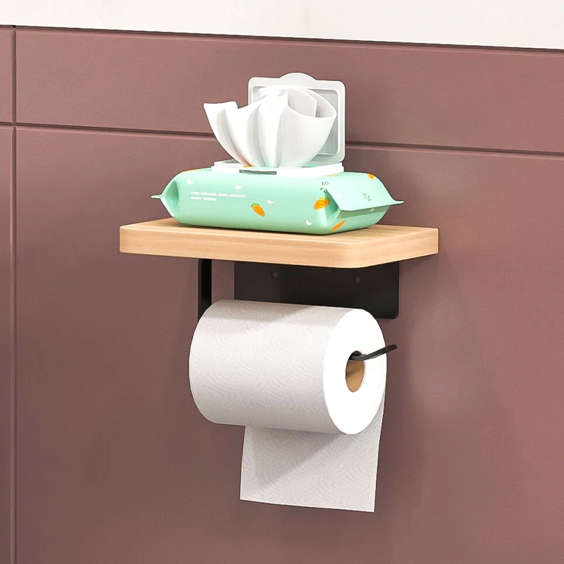 Creative Solid Wood Tissue Holder for Bathroom Storage, Wall Mounted Toilet, Hotel Non Perforated Mobile Phone Roll Paper Holder