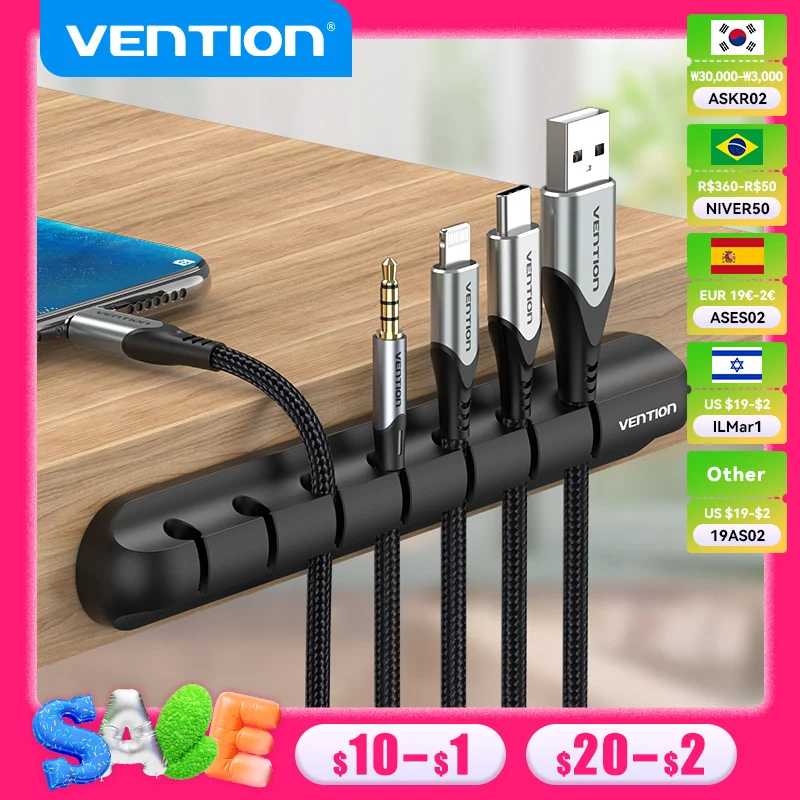 Vention Cable Organizer Silicone Plug Box USB Cable Winder Car Management Clips for Data Headphone Mouse Flexible Wire Organizer