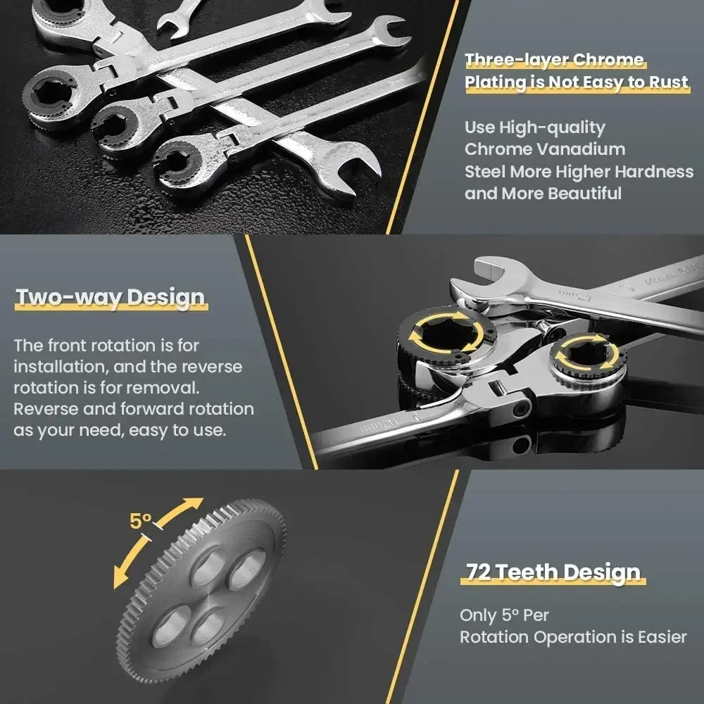 Krachtige 8-32 мм трубчатый ключ с трещоткой и открытой гибкой головкой, 72 зубца для ремонта автомобилей, масляные ключи, ручные инструменты