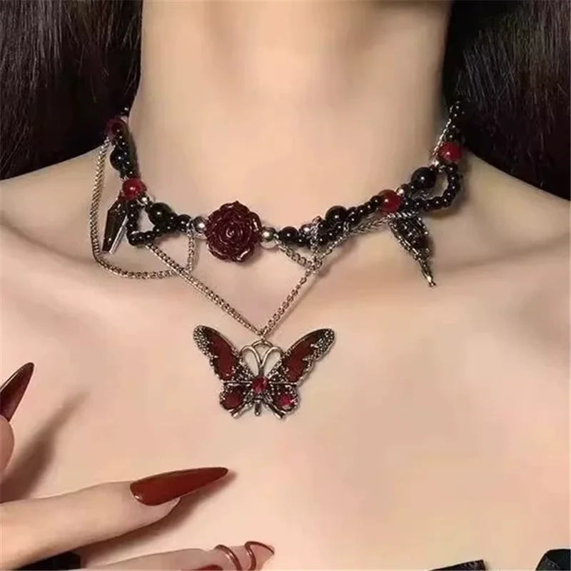 القوطية Y2K الأحمر فراشة شرابة سلسلة قلادة مطرز المختنق سلسلة قلادة للنساء Egirl هالوين حُليات المجوهرات والاكسسوارات #3