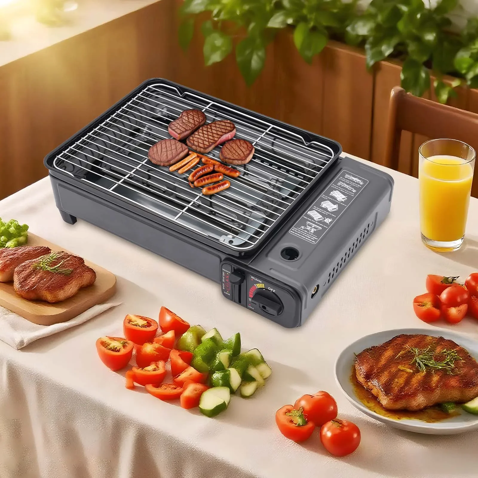 

Портативный газовый гриль, бутановая плита, гриль-барбекю с сковородой и сеткой для кемпинга, пикника, приготовления пищи в помещении