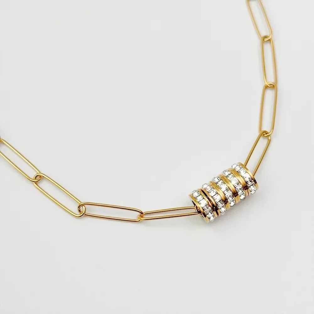 Tarnish Free Waterproof Stainless Steel Paper Clip Chain Choker Jewelry 18k Gold Plated Zircon Circle Pendant Necklace for Women