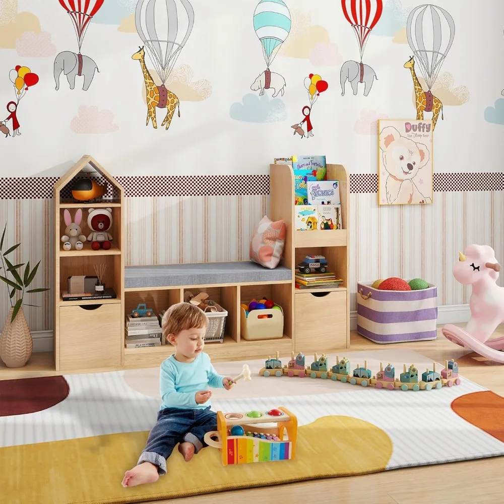 Многофункциональный детский органайзер для хранения книжной полки с уголоком для чтения и 7 кубиками для детских книг и игрушек