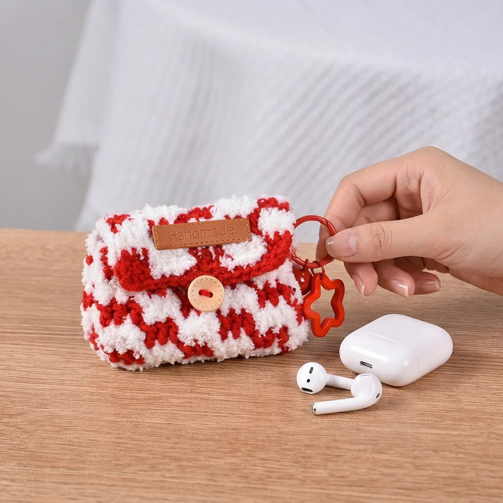 Knitted Coin Purse for Daily Travel Women's Checkered Earbuds Storage Pouch Woolen Small Bag Portable Cute Organizer