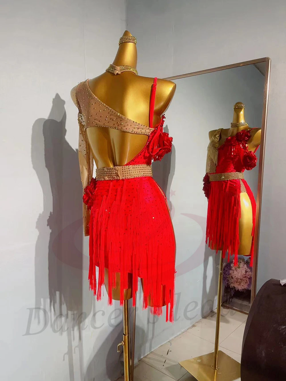 Vestido de dança latina para adultos e crianças, pedra ab, personalizado, flor vermelha, borla, preto, piscina, tango, vestido feminino