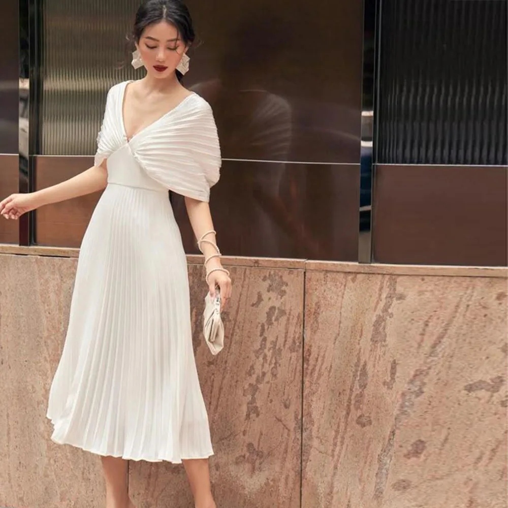 

Simple Evening Dresses V Neck Off The Shoulder High Quality Tea Length A Line Banquet Celebrity Formal Occasion Female Gowns