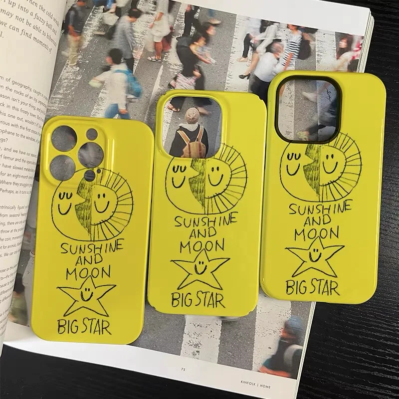 Casing HP Ins Yellow Smiling Star Art untuk IPHONE 17 Air 16E 15 PROMAX 14 Plus 13 12 MINI 11 PRO 16Plus XR Bahan Akrilik