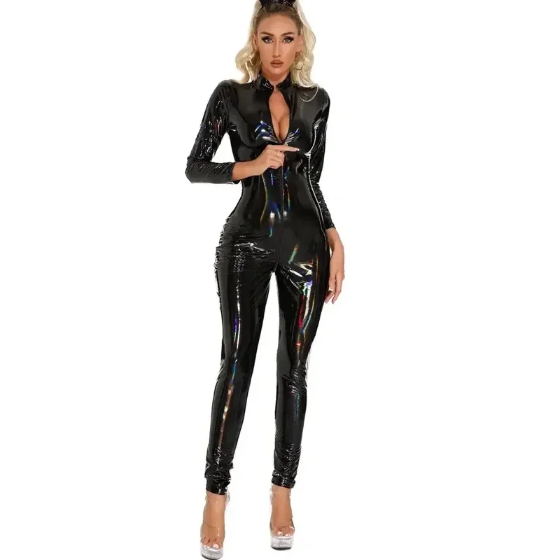 Catsuit de PVC con aspecto húmedo láser Unisex, mono cruzado abierto con cremallera de cuero PU brillante, bragas, leotardo de Cosplay, mono Sexy