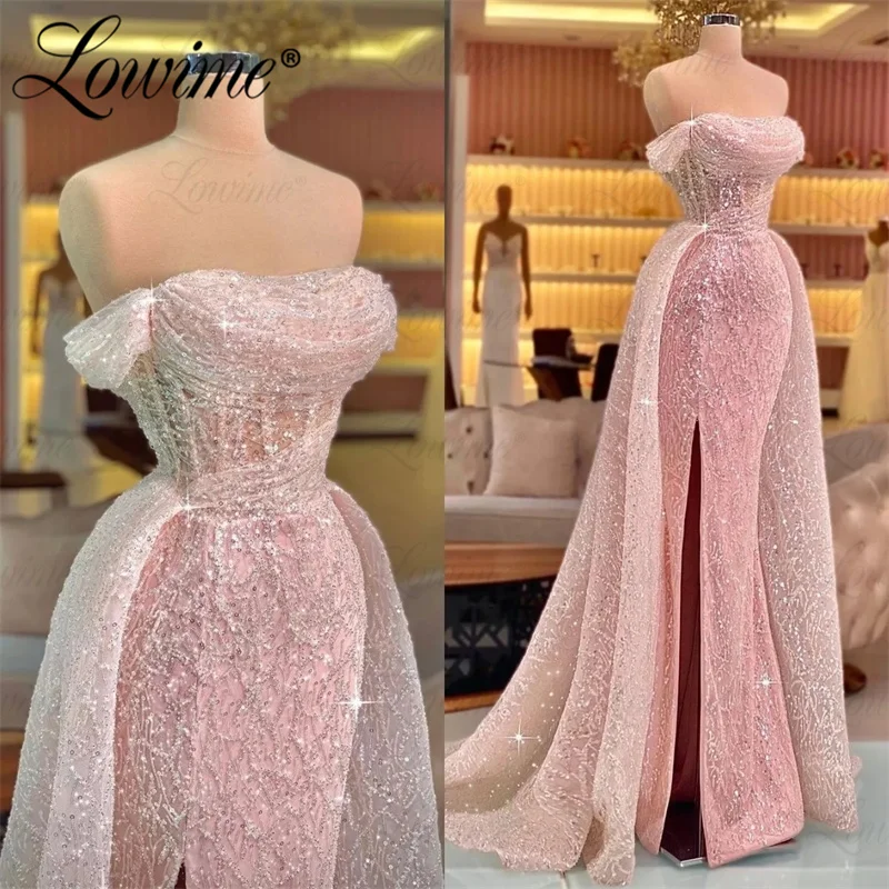 Robe Pink Party Dress Formal Occasion Dresses Arabic Shiny Sequins Long Evening Gown Cheap Celebrity Prom Dresses Customize 2023