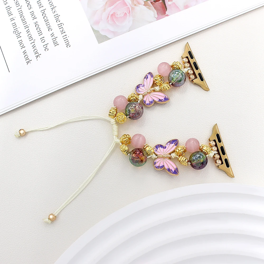 Metal Strap for Apple Watch Band Bead Bracelet with Iwatch98465SE Girls Sweet Colorful Butterfly for Series40 41 44 45mm Wrist