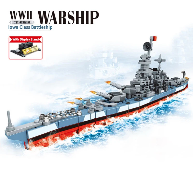 Military USS North Carolina Destroyer Warship Building Blocks WW2 Battleship Model Bricks Weapon Soldier Toys For Kid Gift MOC