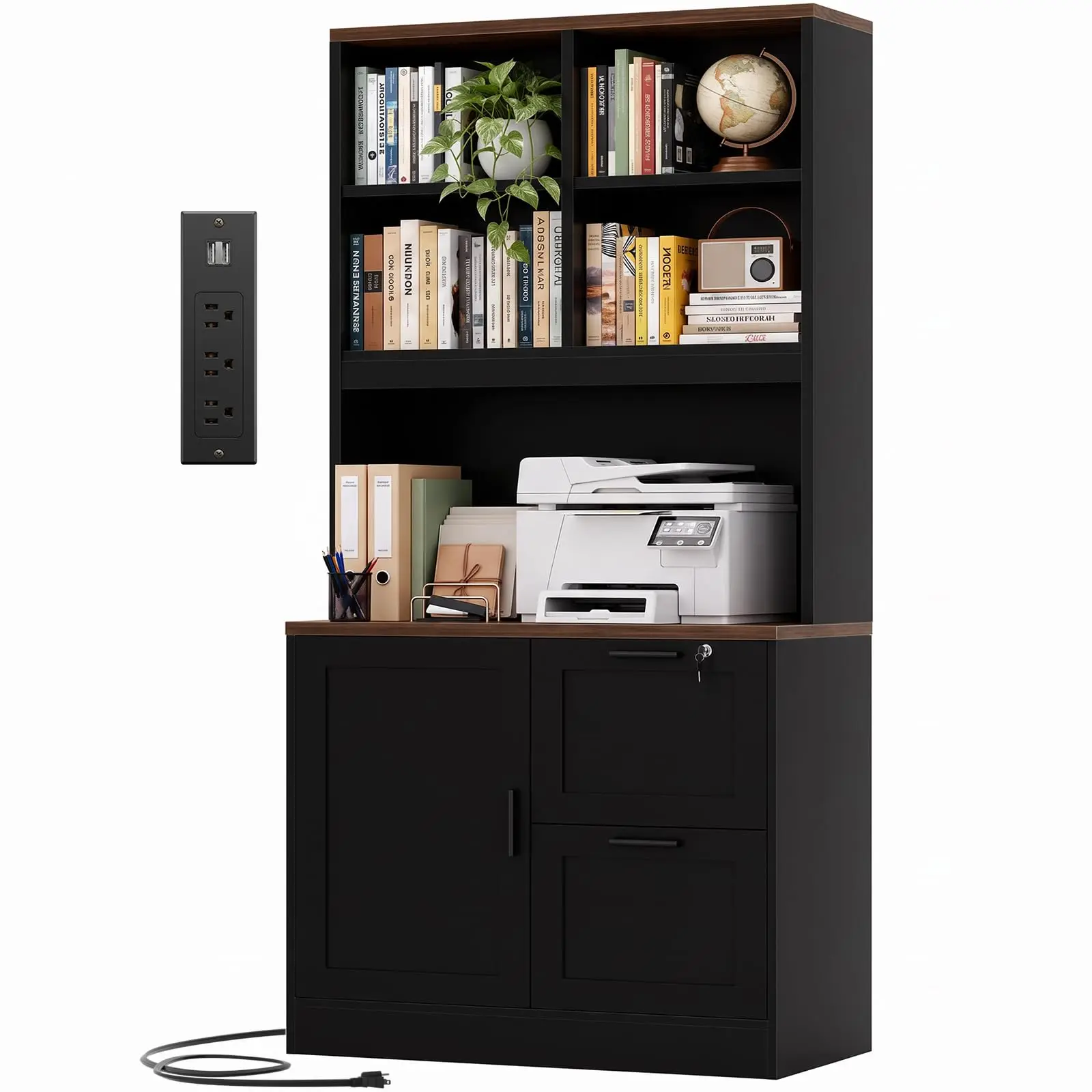 Vertical File Cabinet Bookcase with Printer Stand & Charging Station, Black
