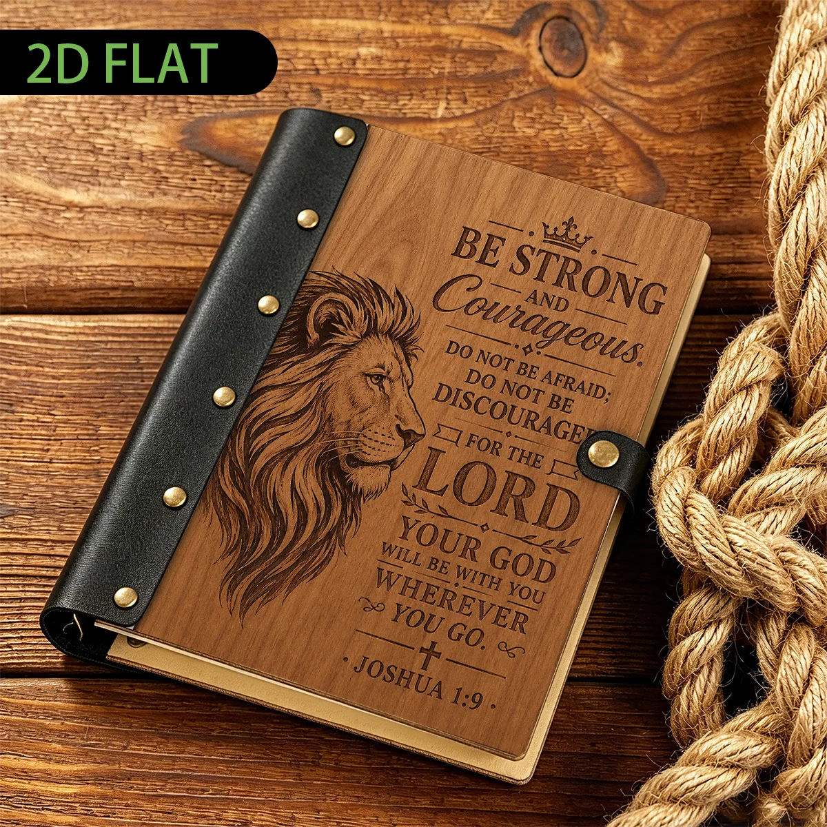 1PC Be Strong And Courageous Lion Leather Wood Notebook, Retro Bible Verse Hardcover Journal,Rivet Decor Religious Writing Diary