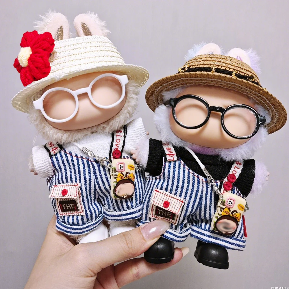 

15-17cm Plush Doll Clothes For Labubu Striped Overalls T-shirt Set Clothing Designer Ruxury Keychain Pendant Toy Decoration