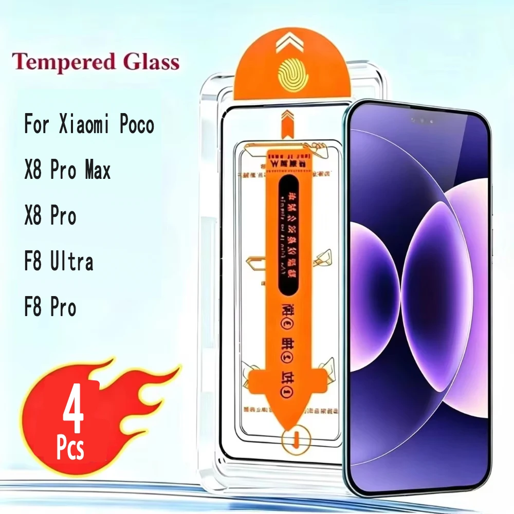 

4Pcs Oleophobic Coating HD Dust Free Tempered Glass For Poco X8 Pro X8 Pro Max F8 Ultra F8 Pro Easy Intalling Screen Protector