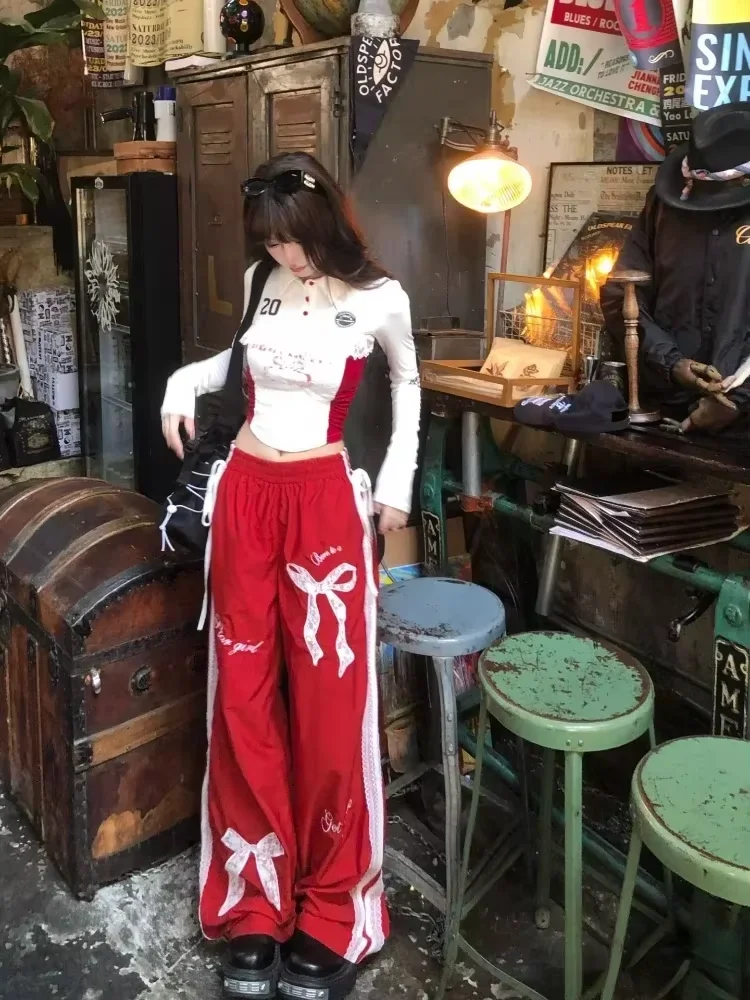 

Y2k Hot Girls Outfits 2 Piece Set Women Sweet Lace Crop Tops + Red Bow Trousers Autumn Street Harajuku Fashion Pants Sets New
